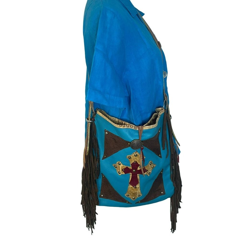 Handmade Leather Art To Wear Turquoise Crossbody Western Bag Embellished Fringe